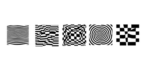 Abstract black and white optical illusion shapes with checkered patterns and spirals isolated on black background isolated on white background isolated on transparent background silhouette