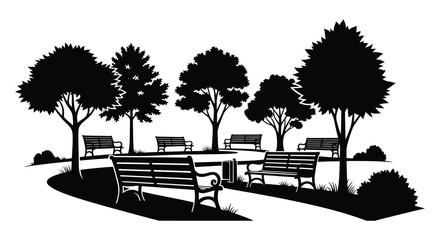 Park scene with benches and trees in black and white silhouette