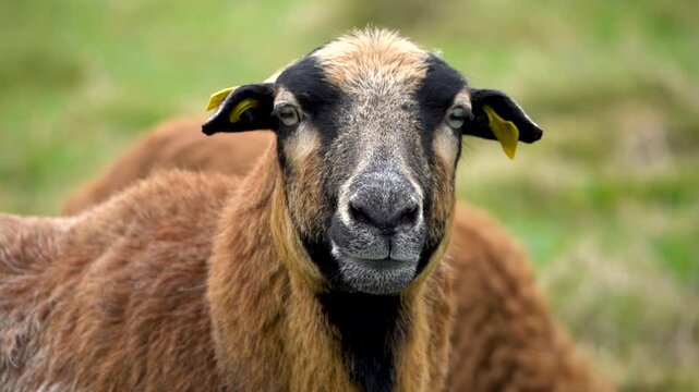Front view of a brown sheep (Ovis aries) screaming at you with mouth open and visible tongue