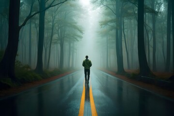 Man Walking Down Foggy Forest Road Towards Light