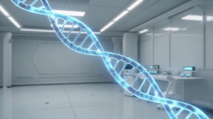 A holographic DNA strand slowly rotating in a sterile white laboratory to represent modern scientific research and analysis - Powered by Adobe