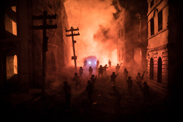 War Concept. Battle scene on war fog sky background, Fighting silhouettes Below Cloudy Skyline at night. City destroyed by war