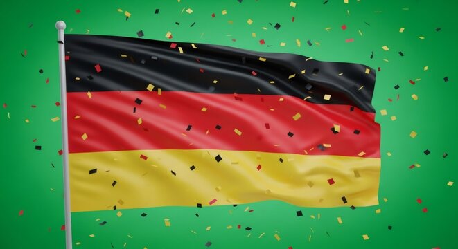 Waving German flag with confetti on green screen for chromakey. National day celebration footage with waving fabric for Independence Day.