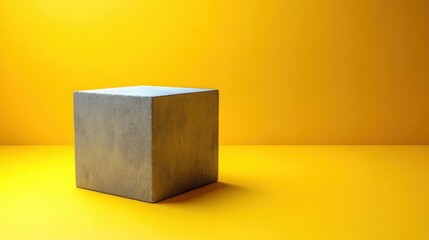 A textured gray block sits prominently on a yellow surface, set against a vibrant yellow backdrop. The composition creates a striking contrast and visual interest.