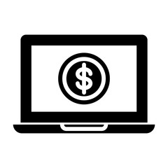 Glyph icon of laptop with dollar symbol representing digital finance platforms.