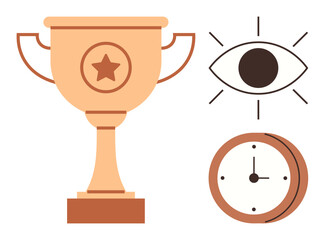 Gold trophy with star, an eye symbolizing vision, and a clock denoting time. Ideal for success, achievement, focus, leadership, time management strategy and motivation. Simple flat metaphor