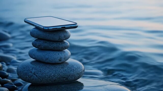 Smartphone balancing on stack of stones near water, digital detox concept video, finding balance technology and nature, zen mindfulness