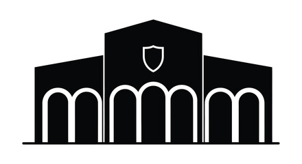 Architectural building facade with arches and shield silhouette