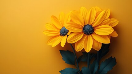 Two bright yellow daisies display contrasting dark blue centers, set against a stunning gradient orange background. Perfect for spring, floral, or nature photography.
