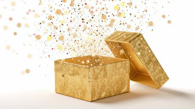 Golden gift box opens to reveal a burst of colorful confetti and sparkles, showcasing a magical moment of surprise and joy, with a smooth zoom in capturing the enchanting details