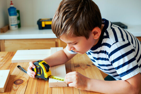 Caucasian boy child measuring wooden plank with tape measure on workbench, focusing on precise measurement, engaging in hands on woodworking activity in workshop setting