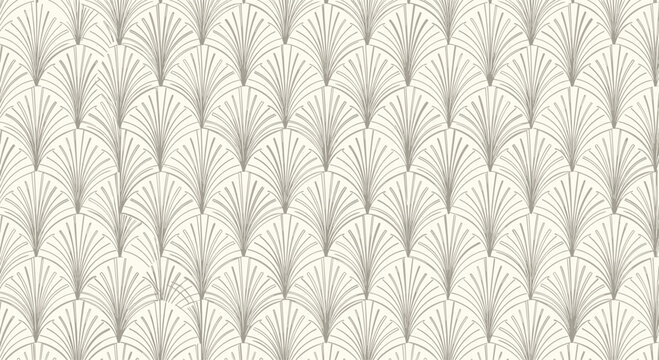 Elegant art deco inspired seamless pattern featuring overlapping fan or shell shapes in subtle beige gray on a cream background.