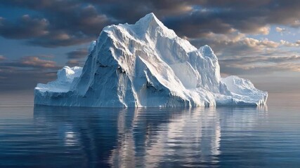 Majestic Iceberg: A colossal iceberg, sculpted by nature's hand, floats serenely upon the vast ocean, reflecting the cloudy sky above. - Powered by Adobe