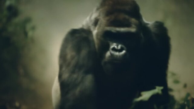 A powerful silverback gorilla stands in a misty jungle, eyes piercing through foliage at dawn light