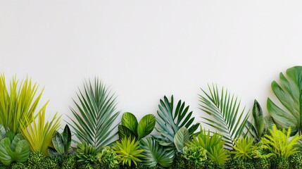 A long line of green leaves and plants are arranged in a row