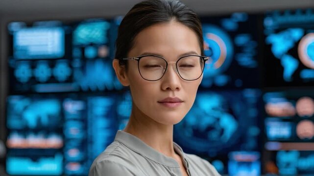 Focused Specialist: A composed woman wearing glasses is deep in concentration, her eyes focused, set against a backdrop of complex data, conveying expertise and diligence.