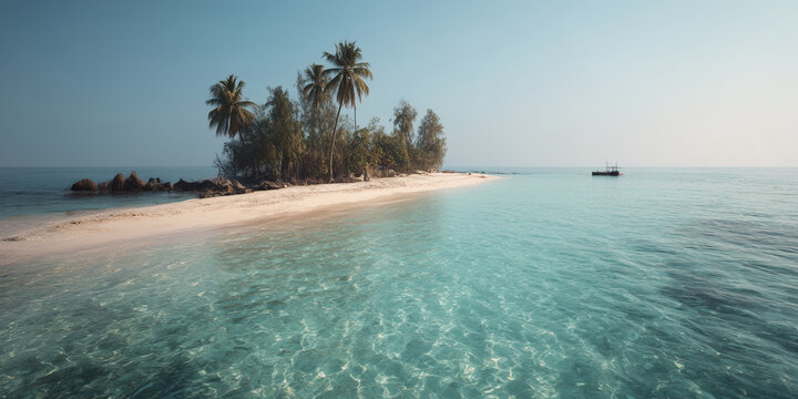 Aerial view of small tropical island with white sand beach and crystal clear turquoise water, exotic paradise coast