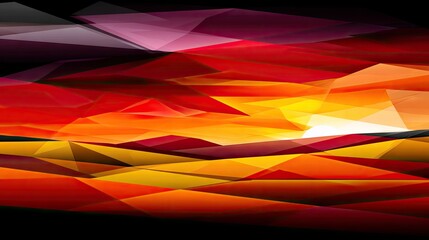 An abstract, geometric landscape rendered with sharp-edged polygons in vibrant shades of red, orange, yellow, and purple, evoking a sunset.