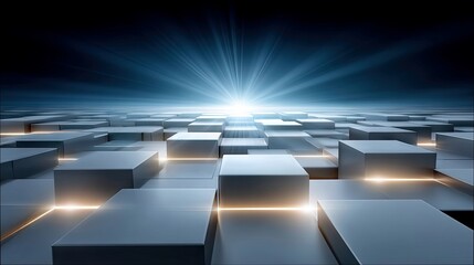 A futuristic abstract landscape composed of metallic cubes arranged in a grid, illuminated by a bright light source and glowing orange lines. The scene has a da