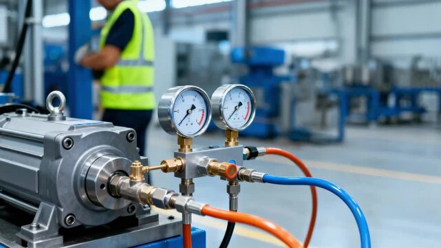 Worker inspecting air pressure testing devices on mechanical components evaluating performance and safety standards under pneumatic pressure loads.