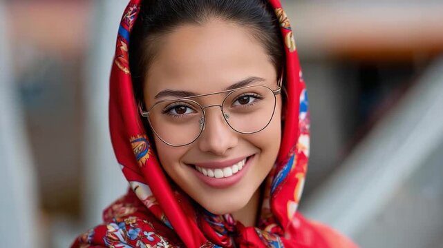 Graceful Embrace: The image depicts a captivating young woman, draped in a vibrant headscarf, beaming with a smile, while wearing glasses. She stands as a beacon of poise.