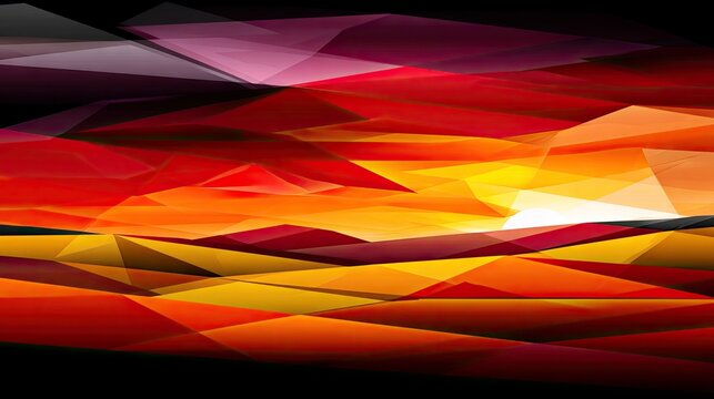 An abstract, geometric landscape rendered with sharp-edged polygons in vibrant shades of red, orange, yellow, and purple, evoking a sunset.