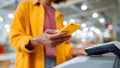 Close-up of shopper using a yellow smartphone for wireless payment at a card terminal, highlighting modern retail and cashless technology.
