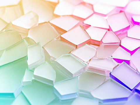 A close-up, abstract view of irregularly shaped, translucent geometric tiles arranged in a mosaic pattern. The lighting features a soft gradient from green and - Powered by Adobe