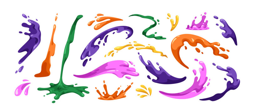 Abstract liquid splashes set. Juice burst, splatter. Fluid shapes, falling and squirting up. Fresh drink spatter, flow, drop, design element. Flat vector illustration isolated on white background
