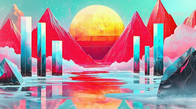 An abstract, surreal landscape featuring geometric mountains, tall pillars, and a large sun against a vibrant sky.