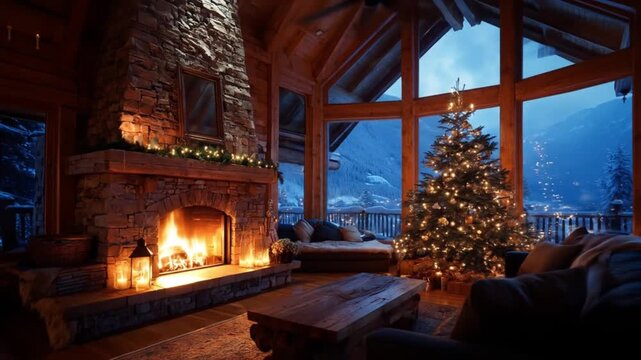 A warm alpine living room with a stone fireplace, lanterns, a decorated Christmas tree, and windows