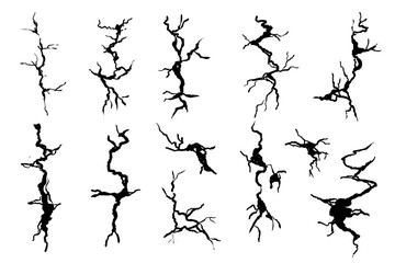 Crack wall, ground texture breaks on land surface. Ground fissure line sketch set. Crash fracture, land damage, earthquake