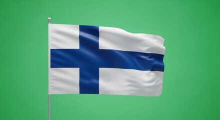 Obraz premium Finland flag waving on a pole in front of a green screen for chromakey background. National symbol for independence Day celebration.