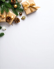 Obraz premium tarjeta navideña marco con regalos y adornos de navidad en la esquina sobre fondo blanco con espacio para texto y diseño, para felicitaciones, promociones o carta de reyes magos