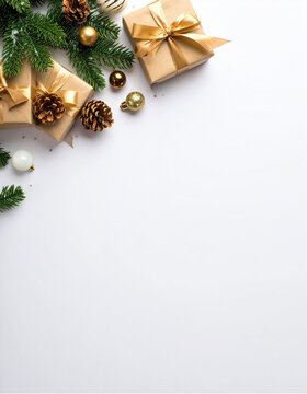 tarjeta navide&ntilde;a marco con regalos y adornos de navidad en la esquina sobre fondo blanco con espacio para texto y dise&ntilde;o, para felicitaciones, promociones o carta de reyes magos