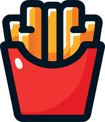 A stylized graphic icon of golden french fries served in a red paper carton with a thick black outline.