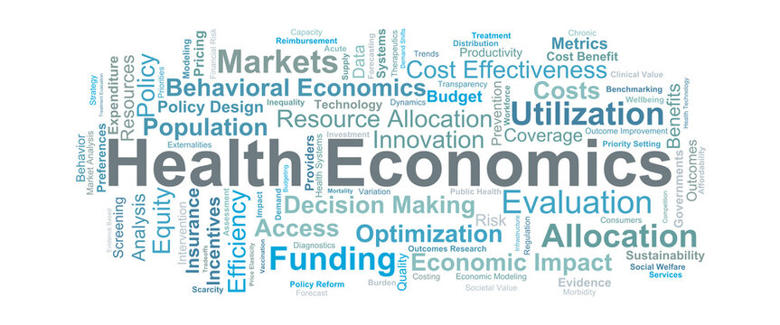 Health Economics Word Cloud. Key terms on resource allocation, cost effectiveness, market behavior, and evidence based policy used to improve population health outcomes.