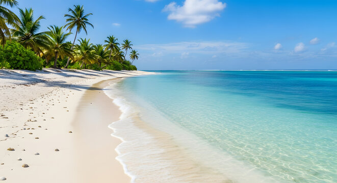 Idyllic tropical beach with white sand turquoise ocean and lush palm trees.