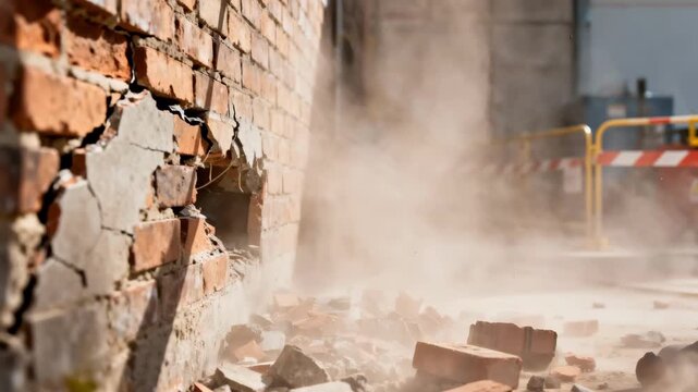 Heavyduty sledgehammer breaking through a rustic brick wall with dust and debris flying in a controlled demolition site.