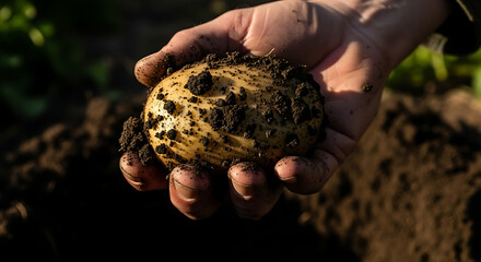 Close up of a freshly harvested potato held in a hand.