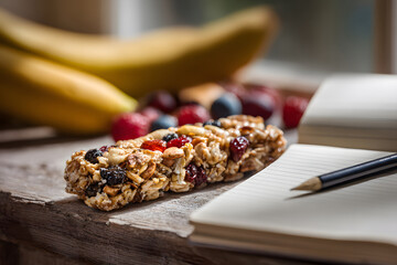 Healthy snack with granola bar, fruits, and notepad on a wooden table in cozy indoor setting