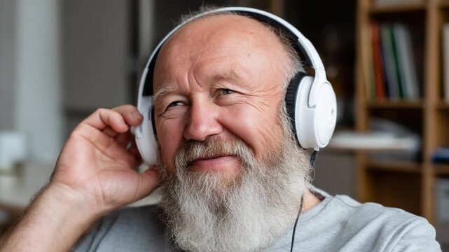 Harmony in Sound: An elderly person finds solace in the world through the immersive experience of music. This heartwarming depiction is characterized by an air of peace and introspection.