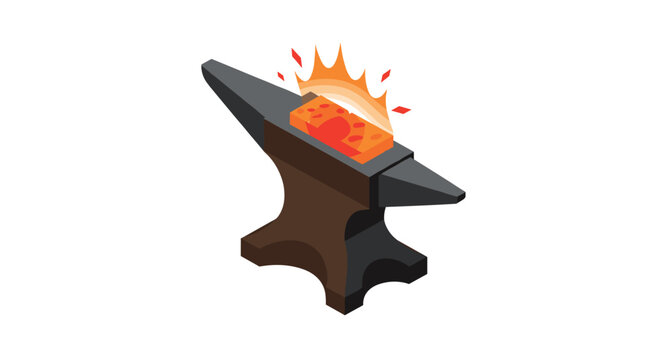 Isometric anvil and glowing metal with flames in blacksmithing forge scene