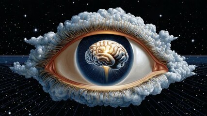 Cognitive Vision: A thought-provoking illustration unveils a central eye, with the brain as its core, surrounded by cosmic imagery of clouds and stars, symbolizing perception.
