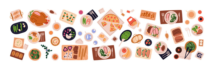 Dishes, food set, top above view. Pizza, chicken, turkey, meals on plates, salads, bread, fruit, snacks served on platters and drinks, utensils. Flat vector illustration isolated on white background