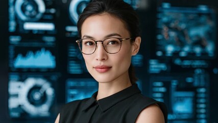 Smart Analytics: A poised woman, illuminated by the glow of complex data visualizations, exudes confidence and expertise. She embodies the sharp intellect behind cutting-edge technology.