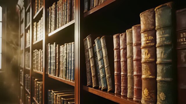 Bookshelf stacked with numerous books in a serene library setting catches warm sunlight streaming through window, capturing the concept of endless knowledge and learning, perfect for use cases.