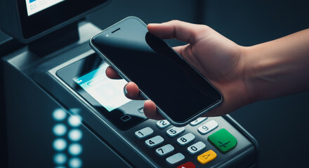 A sleek, modern smartphone hovers near a payment terminal, indicating a fast and convenient contactless transaction in a photorealistic setting.
