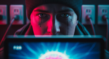 A determined hacker intensely focused on a glowing digital screen. with high-tech details creating a suspenseful atmosphere.