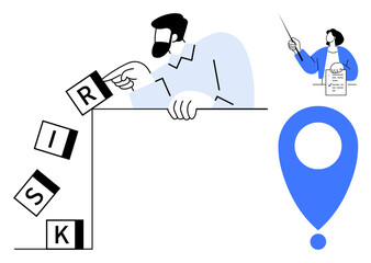 Person preventing risk blocks from falling, another presenting data insights with pointer and chart. Ideal for risk management, strategy, planning, caution, problem-solving, decision-making